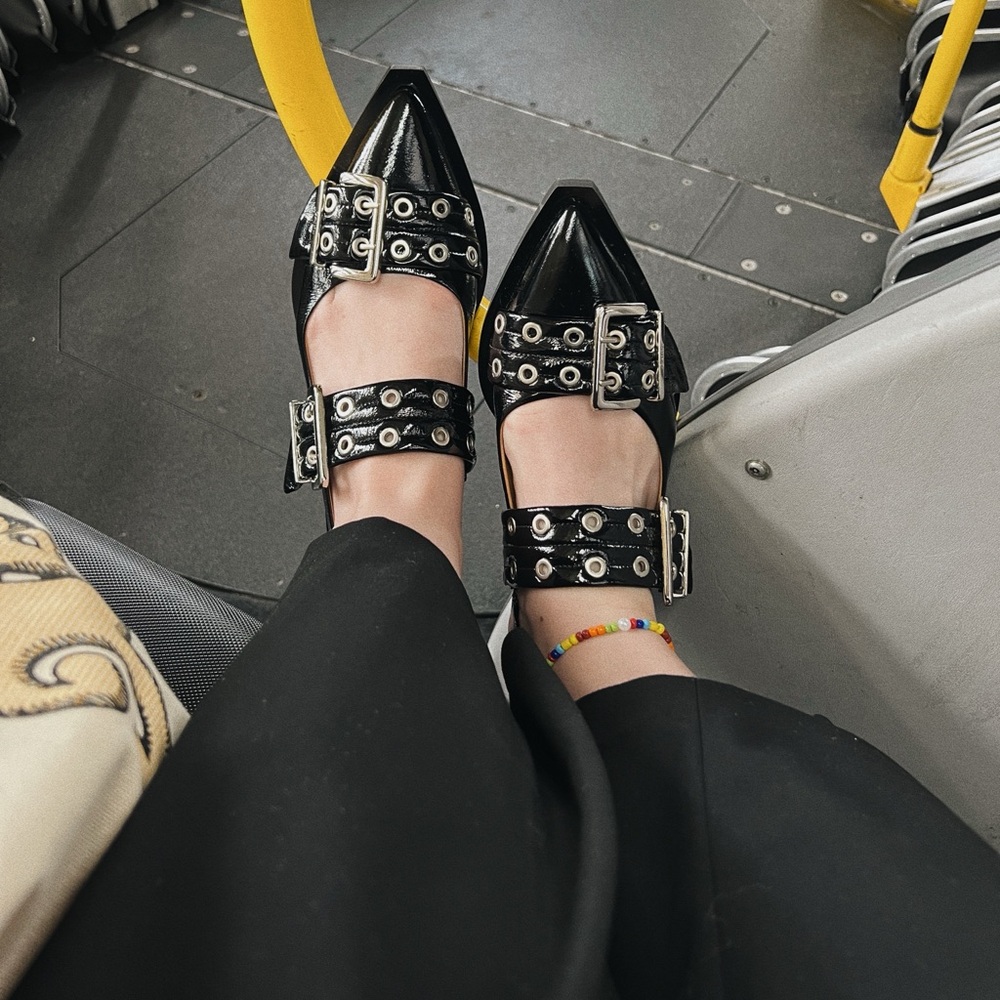 Ganni Black Buckle Ballet Flat Shoes